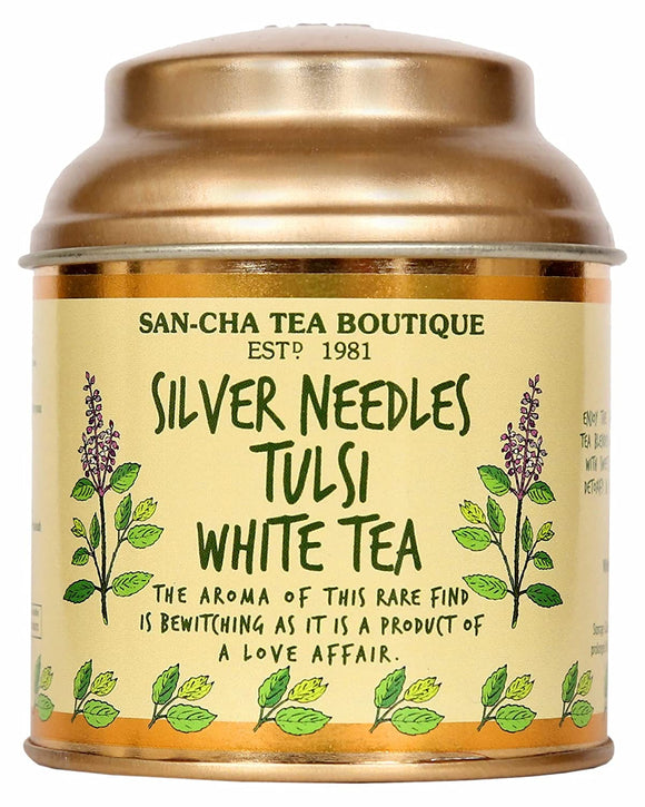 Sancha Tea Boutique Tulsi White Tea (25X3 Cups), Pure Tea Buds blended with Holy Basil Leaves, Worlds Healthiest Tea, Silver Needles White Tea