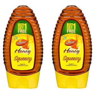 Dabur Honey :100% Pure World's No.1 Honey Brand with No Sugar Adulteration , Squeezy Pack - 225gm ( Buy 1 Get 1 Free)