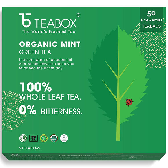 Teabox Organic Peppermint Herbal Tea Bags 50 Pieces | Mint Green Tea For Feeling Refreshed | Made with 100% Whole Leaf & Natural Flavors, Brew Hot or Cold | 2 Free Samples Included