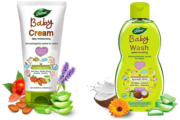 Dabur Baby Cream: daily moisturising cream enriched with baby loving ayurvedic herbs- 200g & Dabur Baby Wash: Gentle Nourishing babywash enriched with baby loving ayurvedic herbs- 200ml