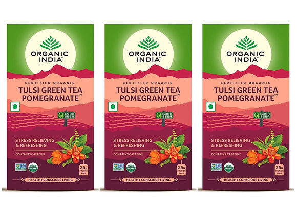 Organic India Tulsi Green Tea Pomegranate 25 Tea Bags- (Pack of 3)