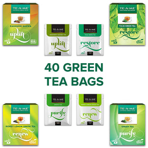 TE-A-ME Assorted Green Tea Bags 40 pcs | Pack of Uplift Kashmiri Kahwa Green Tea, Restore Tulsi Green Tea, Purify Green Tea, Renew Honey Lemon Green Tea|10 Tea Bags of Each Variety Packed in Individual Box to Better Retain Freshness | Green Tea Sampler