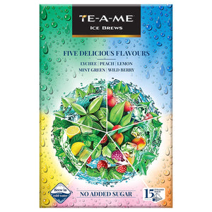 TE-A-ME Assorted Ice Infusion Tea, 5 Delicious Flavour (Mint Green, Lychee, Wild Berry, Peach and Lemon), 15 Pyramid Infusion Tea Bags | Ice Brews | Cold Brew | Iced Tea