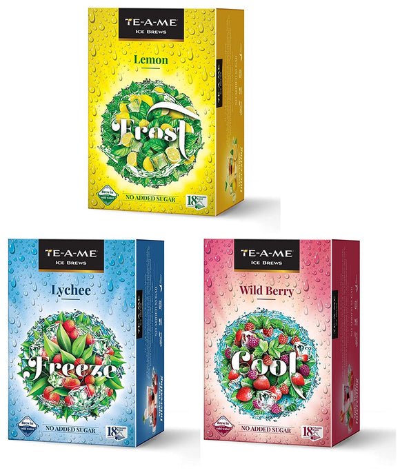 TE-A-ME Ice Brews ColdBrew Ice Infusion,Wild Berry,18 Pyramid Infusion Bags-Ice Brews Cold Brew Ice Tea, Lemon, 18 Pyramid Tea Bags - Ice Brews Cold Brew Ice Infusion, Lychee, 18 Pyramid Infusion Bags