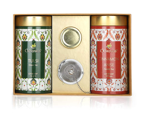 Octavius Tea Essentials Range | Immuni-Teas | 2 Assorted Wellness Green Tea Blends | Tulsi & Cinnamon Anise| Packed In Decorative Tin Boxes along with a infuser and Mini Honey jar