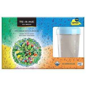 TE-A-ME Assorted Ice Infusion Tea, 5 Delicious Flavour (Mint Green, Lychee, Wild Berry, Peach and Lemon) with Free Sipper, 20 Pyramid Infusion Bags | Ice Brews | Cold Brew | Iced Tea