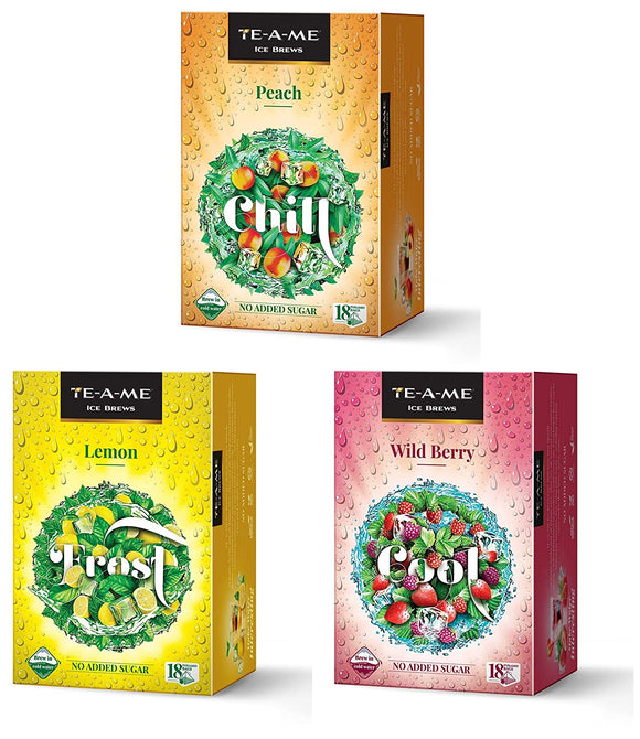 TE-A-ME Ice Brews Cold Brew Ice Infusion, Wild Berry, 18 Pyramid Infusion Bags - Ice Brews Cold Brew Ice Tea, Lemon, 18 Pyramid Tea Bags - Ice Brews Cold Brew Ice Tea, Peach, 18 Pyramid Tea Bags