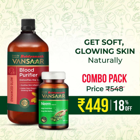 Baidyanath Glowing Skin Combo - Flush Out All Those Toxins For A Healthy, Glowing Skin | Blood Purifier - 450ml, Neem Tablets - 60 Tablets